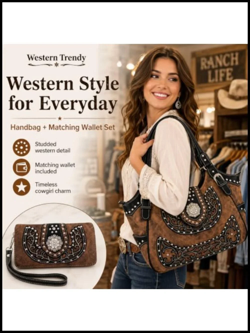 Studded Faux Leather Western Satchel Purse with Matching Wallet, Rhinestone